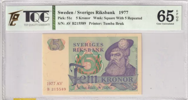 1977  Sweden 5 Kronor Pick#51c  65 EPQ Gem UNC