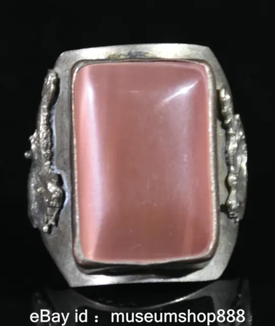 1.2" Rare Old Chinese Silver Pink Gems Dragon Phoenix Finger Jewelry Ring
