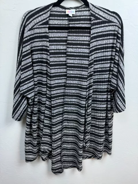 LuLaRoe Cardigan Womens Medium 3/4 Sleeve Open Front Sweater Gray Black Stripe