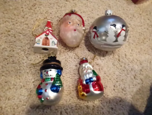 Lot of 5 Vintage Glass Christmas Ornaments 2 Santas 2 Snowman and a  Church