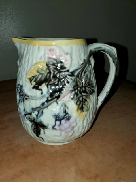 Marked Antique Majolica Pitcher Flowers White Black Green Yellow Purple 5"