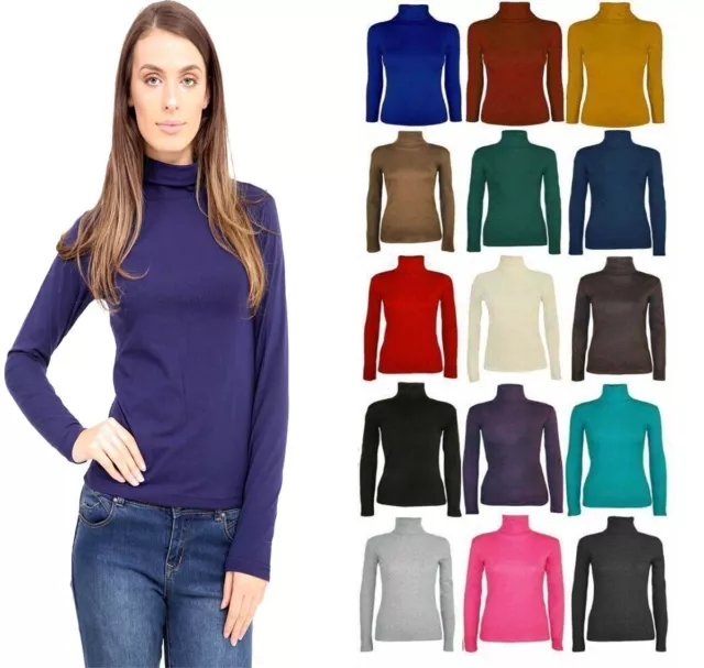 Womens Polo Neck Top Stretch Ladies Long Sleeve Turtle Neck Top Jumper 8-26