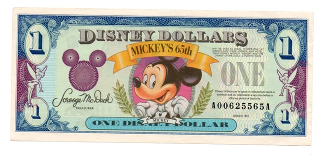 1 Disney Dollars Banknote Year 1993 Mickey's 65th Birthday Series A XF+/UNC- 1 Disney Dollars Banknote Year 1993 Mickey's 65th Birthday Series A XF+/UNC-