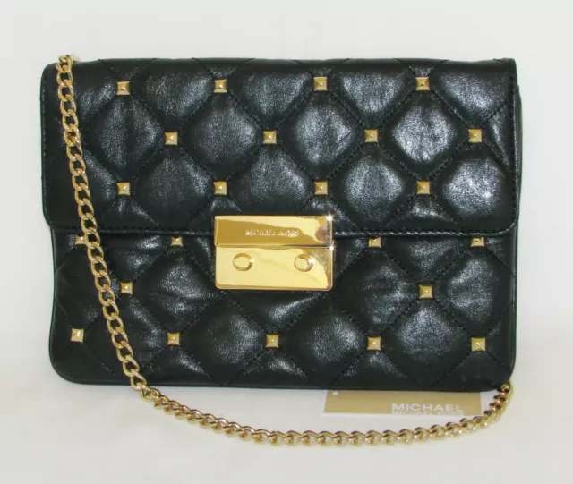 New-Michael Kors Sloan Édredon Clou Cuir Noir + Or Pochette Épaule / Sac à Main