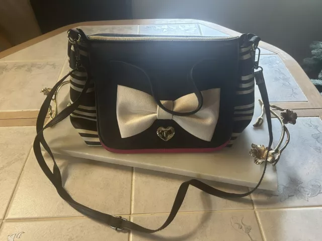 Betsey Johnson Satchel Cross Body Pink Black Cream Bow Purse