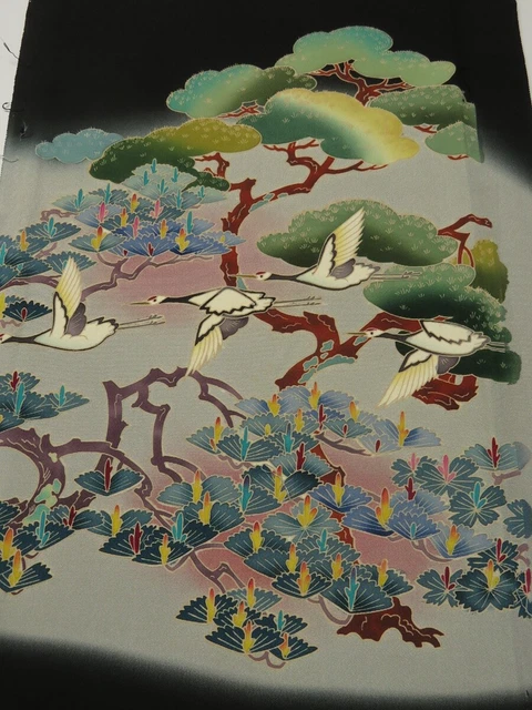1T03z70 Japanese Kimono Silk  FABRIC Black Crane, Pine 45.7"