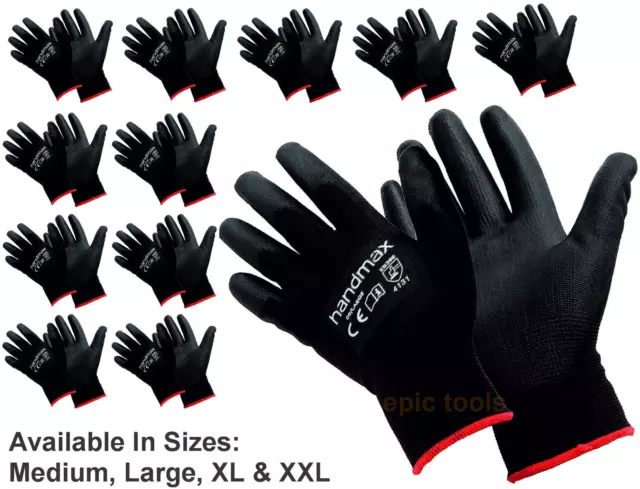 12 x HANDMAX Black PU Safety Work Dexterity Grip Builders Gloves,Medium - XXL