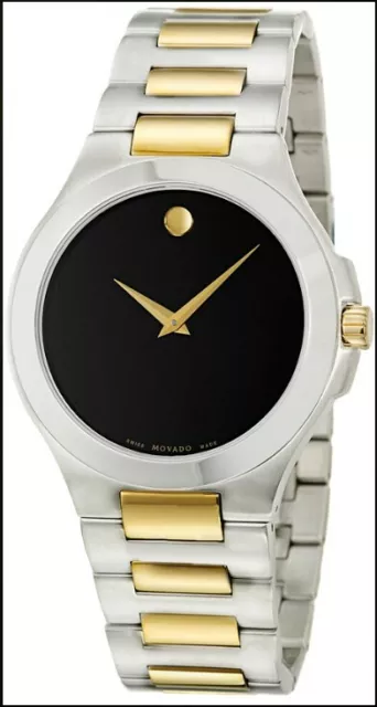 Movado Museum 2,Two Tone Silver+Gold+Black Dial Swiss Made Watch 0606181+Box New