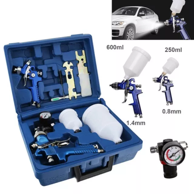 2x HVLP Gravity Feed Car Auto Paint Spray Gun Kit w/ Regulator 0.8/1.4mm Nozzle