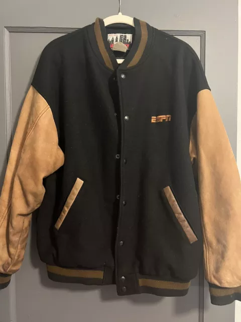 Vintage ESPN Letterman Varsity Bomber Jacket Wool Leather Black Brown Mens XL