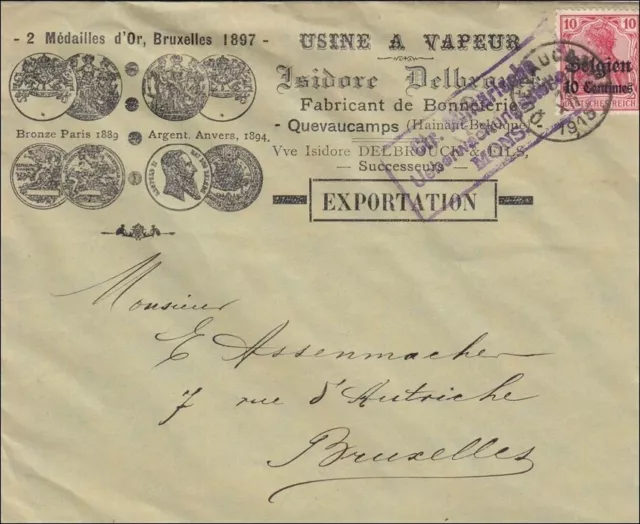 Belgien:  Brief aus Quevaucamps nach Brüssel 1915, militärische Überwachung