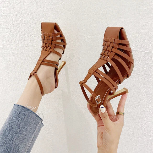 Womens High Heels Closed Toe Braided Hollow Out Shoes Office Slingbacks Sandals