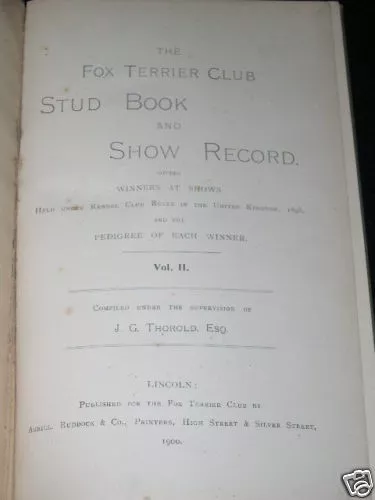 Wire Smooth Fox Terrier Pedigree Dog Stud Book 1900