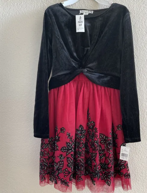 Knit Works Girl's Fancy Dress—Black Velvet Sweater With Red Tulle Dress W/Roses