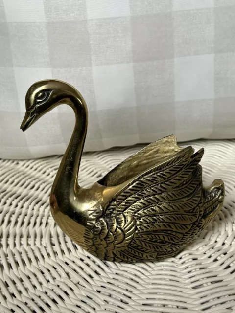 Vintage Mid Century Brass Swan Open Back Planter Vase