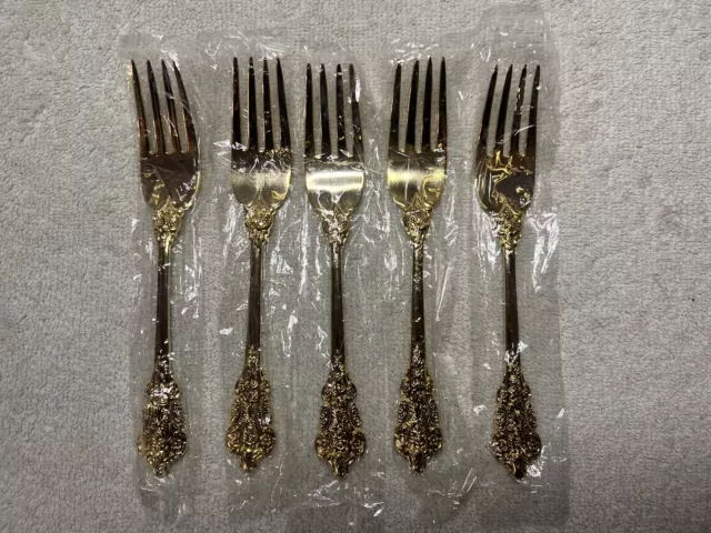 5 FB Rogers Gold Plated Salad Dessert Forks Stainless Steel Rose Grand NEW