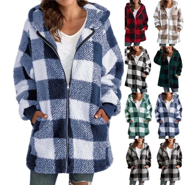 Ladies Fleece Teddy Bear Check Coat Overcoat Zip Hooded Jacket Jumper Plus Size