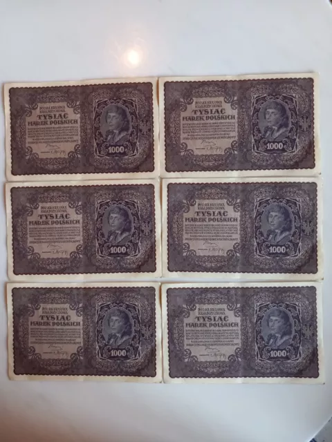 Rare suite de 6 billets polonais 1000 Marek numéros qui se suivent de 1919 TBE