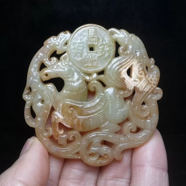 Old Chinese Jade Hand Carved Dragon Phoenix Horse Coin Statue Pendant 6.8 CM