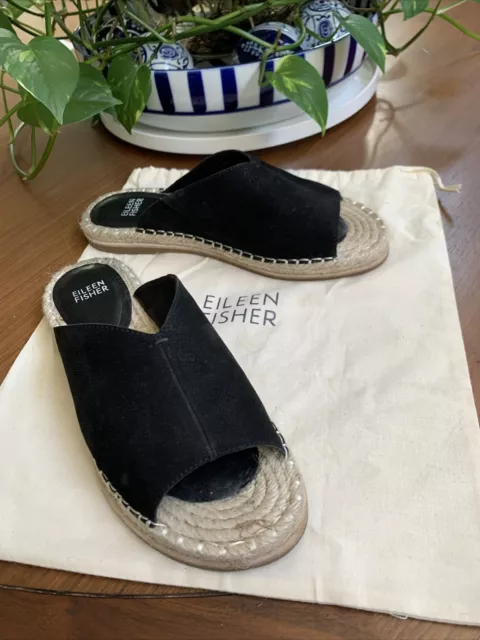 Eileen Fisher black suede espadrille slides size 8 Excellent!