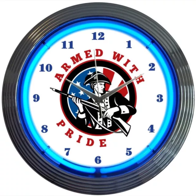 Neon Clock Armed with Pride 2nd Amendment Gun room wall lamp sign NRA patriotic