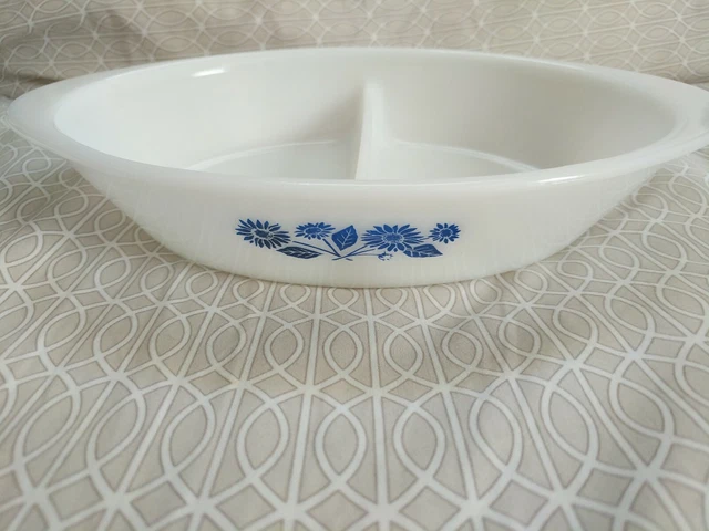 Vintage McKee Glass Glasbake Divided Casserole Dish Milk Glass Blue Flower J2352