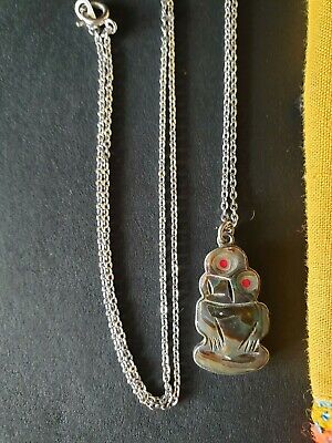 Old New Zealand Carved Paua Shell Tiki with Silver Backing on Local Silver Chain 2