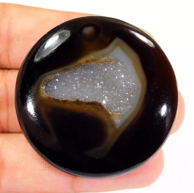 130 CT Naturale Onice Nera Cristallo Drusa Agata Rotondo Cabochon Gemma Ag =