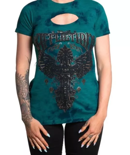 Affliction Women's “Prophecy” short sleeve cut-out neck Green Teal T-shirt Small