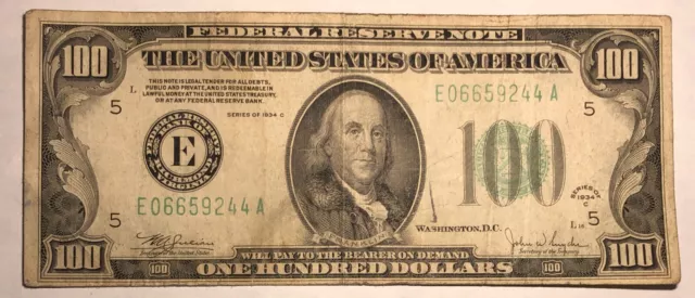 1934C green seal $100 bill. Federal Reserve Note E Richmond Fine FR-2155E #31