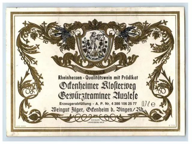 1970's-80's Odenheimer Klosterweg Bewurgtraminer German Wine Label Original S42E