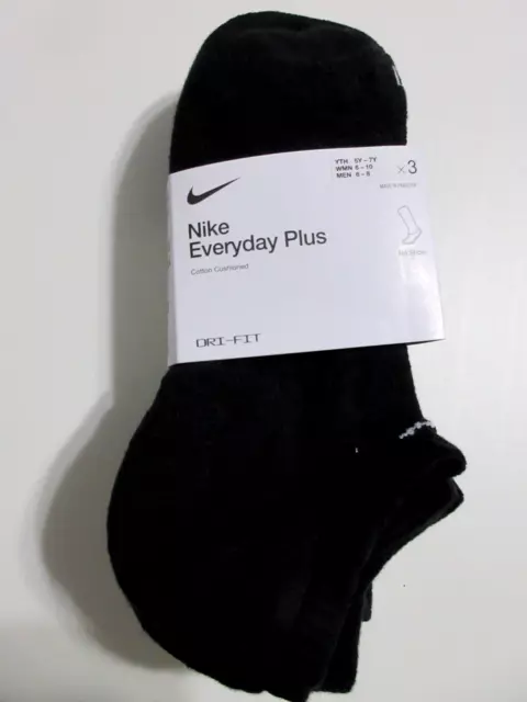 Nike ~ Womens 3-Pack Everyday PLUS Dri Fit Cushioned NO SHOW Socks Men Boy BLACK