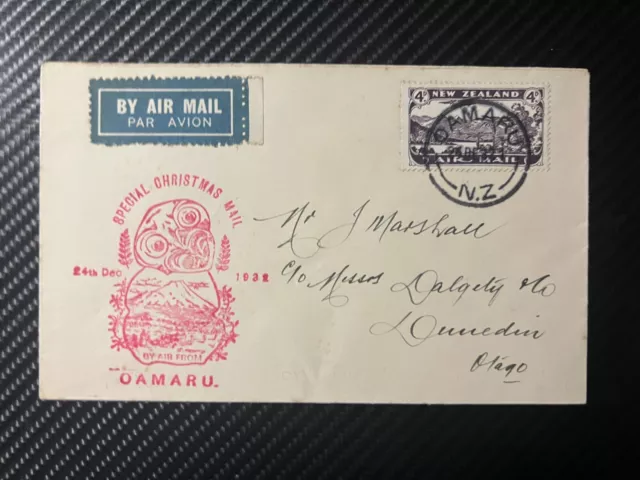 1932 New Zealand Special Christmas Airmail Cover Oamaru to Dunedin NZ