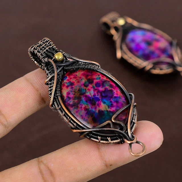 Multi Labradorite Gemstone Handmade Copper Wire Wrapped Pendant Jewelry 3"