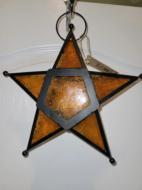 HANGING Art Deco Star Tealight Garden Lantern Stained AMBER Glass LAMP Pier 1