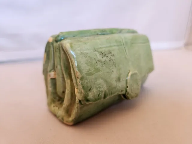 Old Glazed Pottery Figural Coin Bank  - Primitive Double Sided Satchel Purse