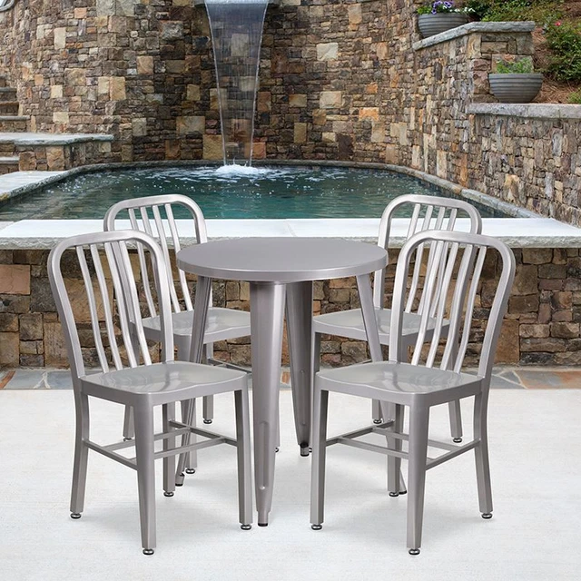 Commercial Grade 24" Round Silver Metal Indoor/Outdoor Table Set w/4 Vertical Sl