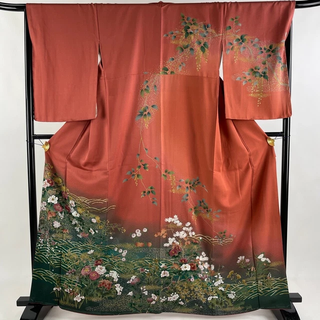 Japanese Kimono Silk Houmongi Vintage Gold Camellia Wave Leaf Embroidery Red 64"