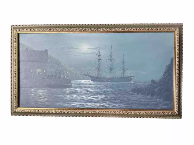 Bryan Phillips Original Oil Painting Moonlight Harbour Scene