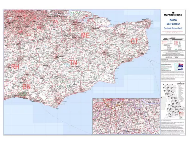 Laminated Postcode Sector Map 5 Wall-Map Large  Kent and East Sussex Motorways