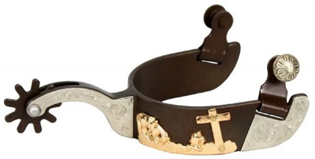 Men's Antique brown SILVER SHOW SPURS w/ Gold praying cowboy 3 1/4" Boot width
