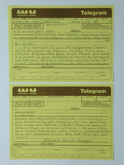 Western Union Telegram President Ronald Reagan to Lawrence Kerr Boys Scouts 1988