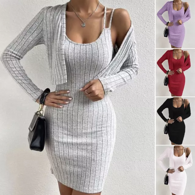 Set Di Abiti Lavorati A Maglia In 2 Pezzi Da Donna Con Cardigan + Mini Abiti A