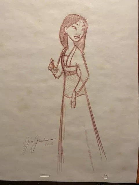 MULAN China Chinese Disney ORIGINAL  RED Pencil DRAWING (1998) Artist Signed