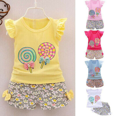 2PCS Toddler Kids Baby Girls Outfits Lolly T-shirt Tops+Short Pants Clothes Set