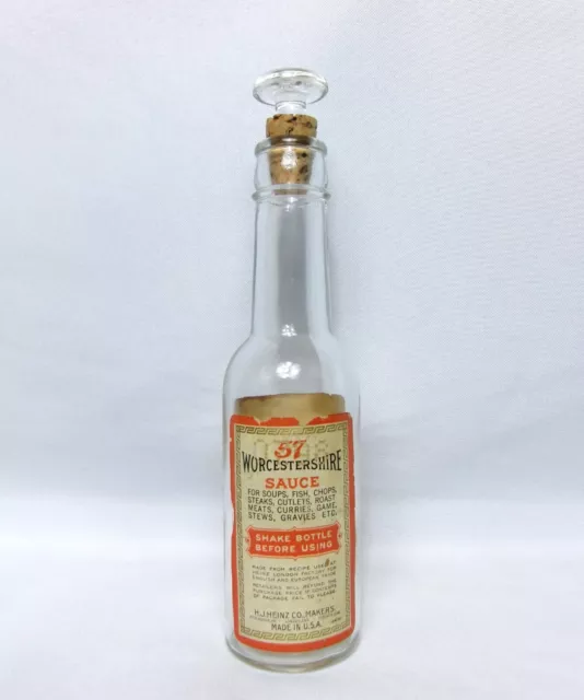 Vintage HEINZ 57 Worcestershire Sauce Glass Bottle w Paper Label & Glass Stopper