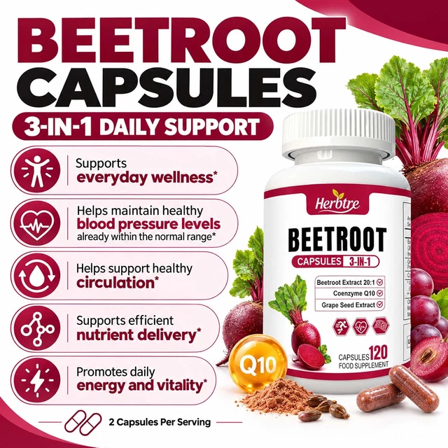 Vetroot BEETROOT EXTRACT 1000MG with Seed Grape,CoQ10 Vegan Caps Heart Blood ...
