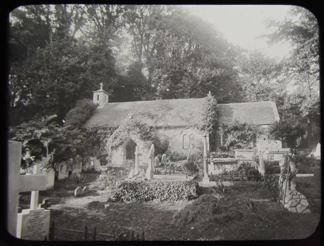 Glas magische Laterne Rutsche DIE ALTE KIRCHE BONCHURCH ISLE OF WIGHT C1910 ALTES FOTO