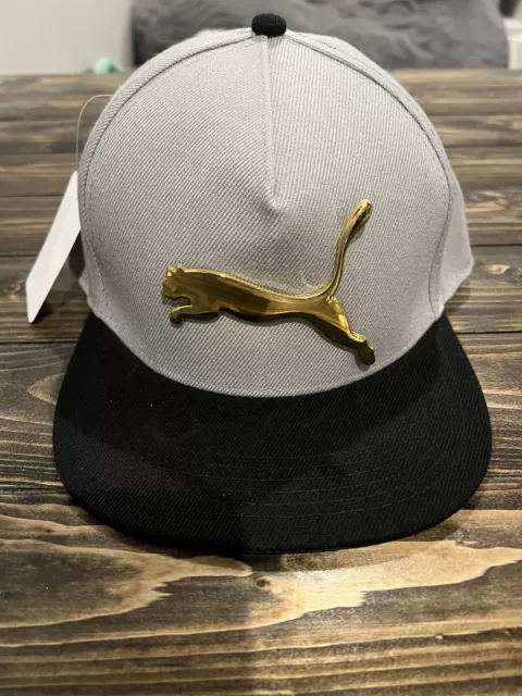NEW 2018 Puma Hat Cap Gray With Black & Gold 3D Metal Spell Out Logo Style