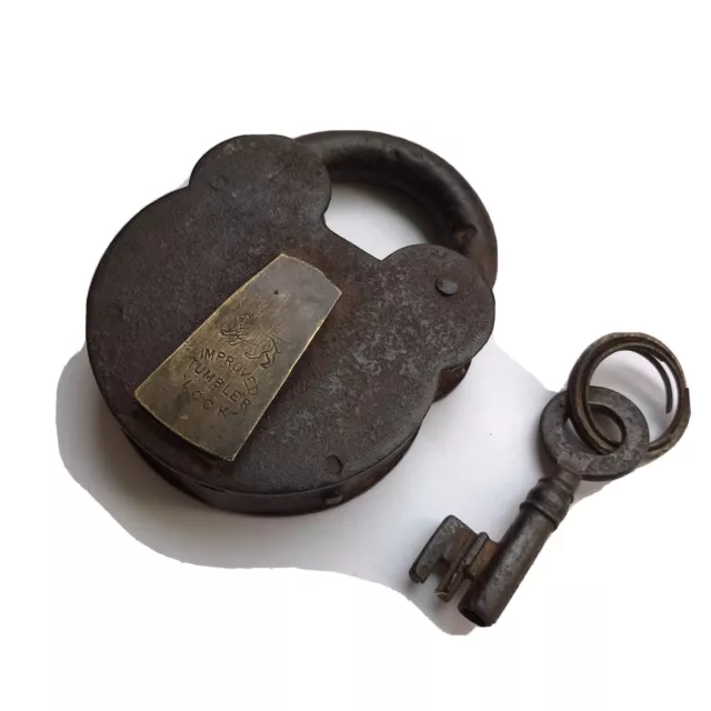 Iron smoke house padlock or lock with original key, old or antique.